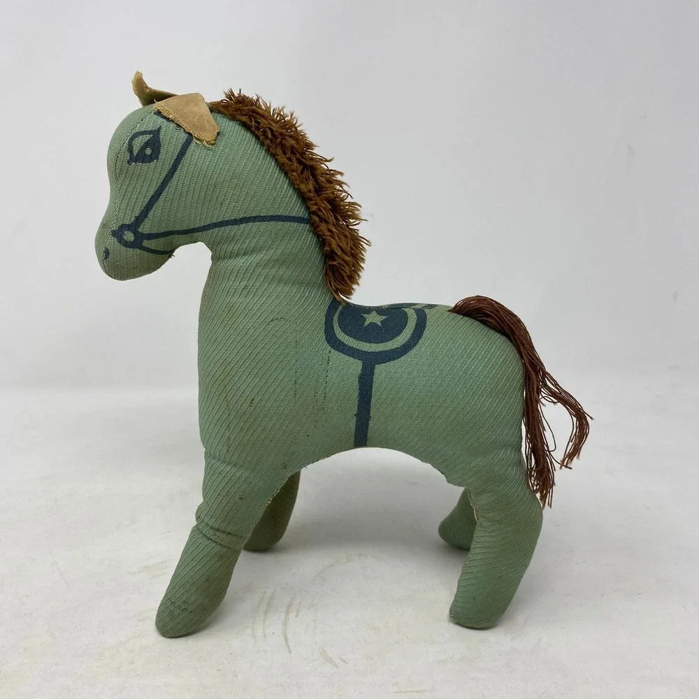 Vintage‎ Sage Green Stuffed Horse Plush Ribbed Fabric Printed Saddle 10 Inch